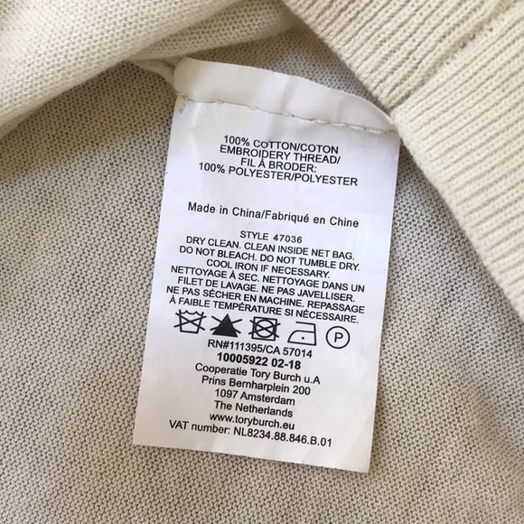 TORY BURCH ecru Size L short sleeve embroidered crew Top - Picture 6 of 8